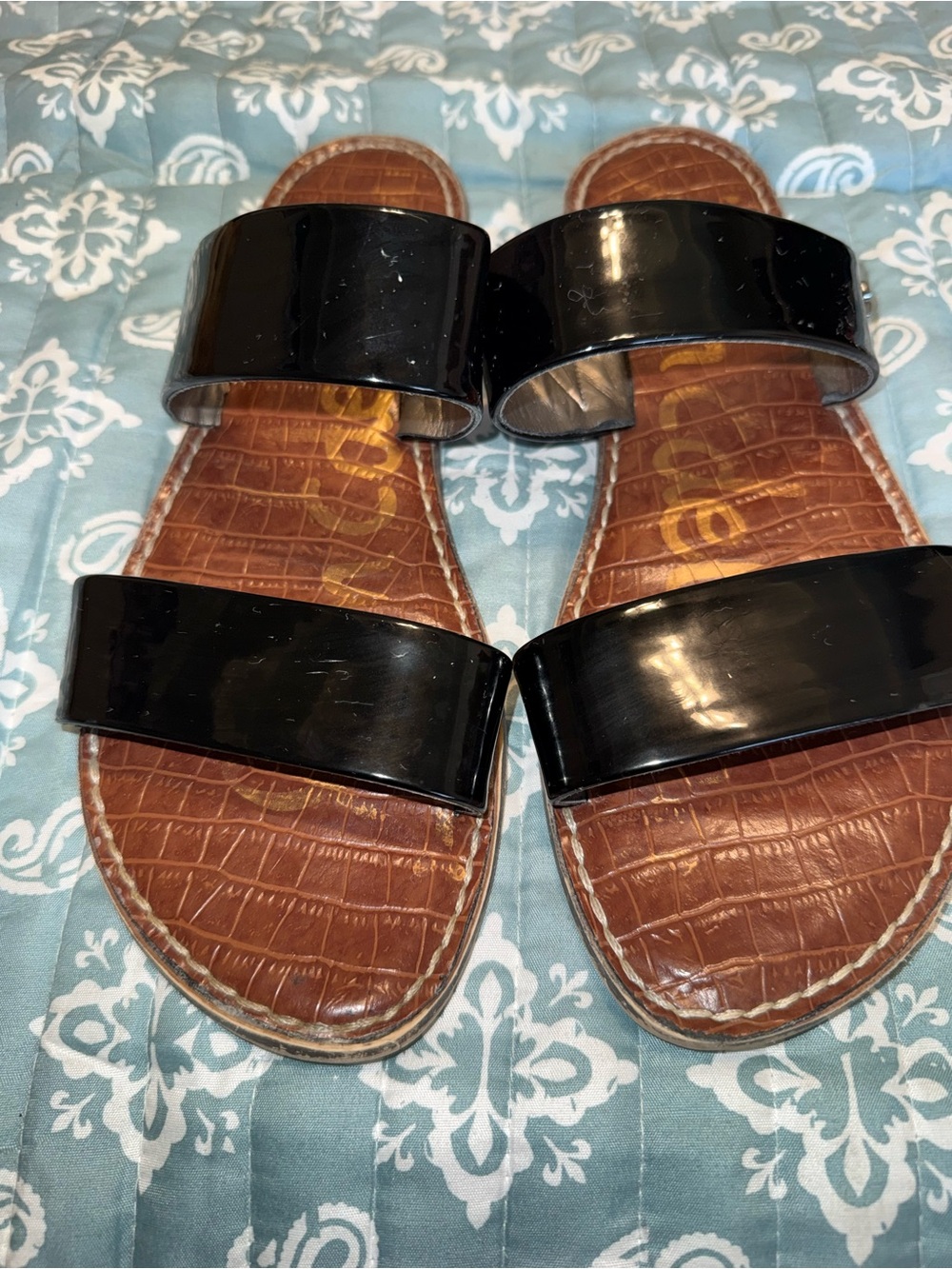 Sam Edelman Black Patent Double-Band Slide Sandals with Brown Footbed